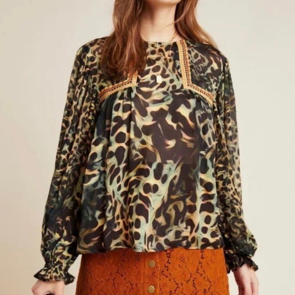 Bl^nk London Joelle Leopard Print Peasant Blouse XS Black Green - Picture 2 of 16